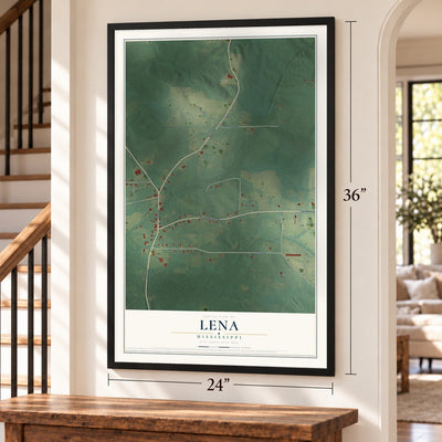 Lena, Mississippi map, 24 x 36 inch print in a black frame by a staircase