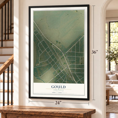 Gould, Arkansas map, 24 x 36 inch print in a black frame by a staircase