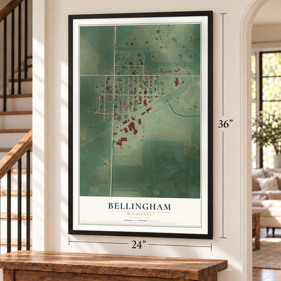 Bellingham, Minnesota map, 24 x 36 inch print in a black frame by a staircase
