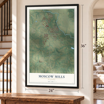 Moscow Mills, Missouri map, 24 x 36 inch print in a black frame by a staircase