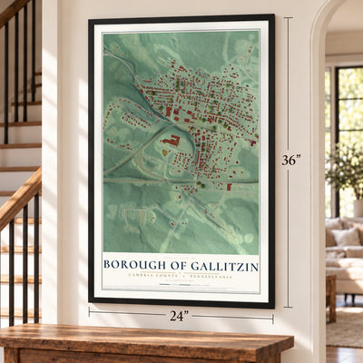 Borough of Gallitzin, Cambria County, Pennsylvania map, 24 x 36 inch print in a black frame by a staircase