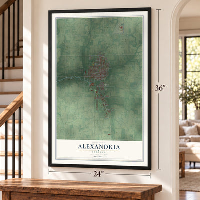 Alexandria, Indiana map, 24 x 36 inch print in a black frame by a staircase