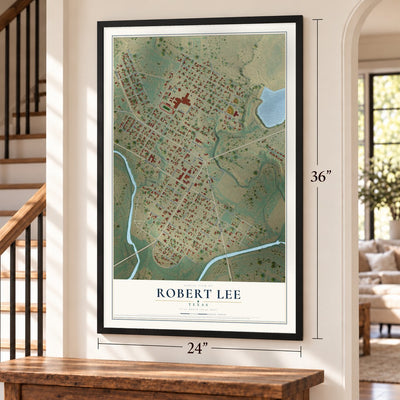 Robert Lee, Texas map, 24 x 36 inch print in a black frame by a staircase
