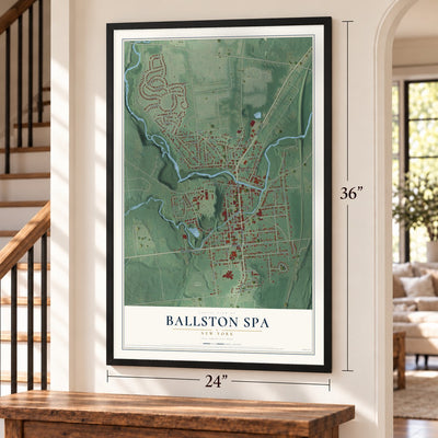 Ballston Spa, New York map, 24 x 36 inch print in a black frame by a staircase