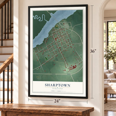 Sharptown, Maryland map, 24 x 36 inch print in a black frame by a staircase