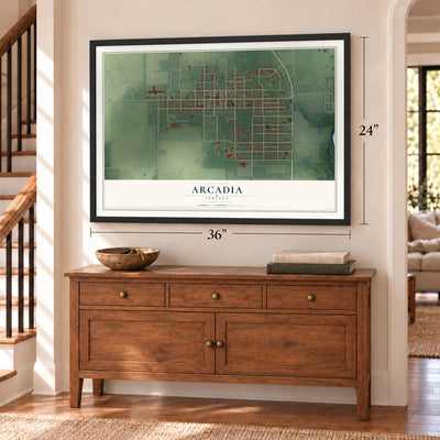 Arcadia, Indiana map, 24 x 36 inch print in a black frame above a dresser by a staircase