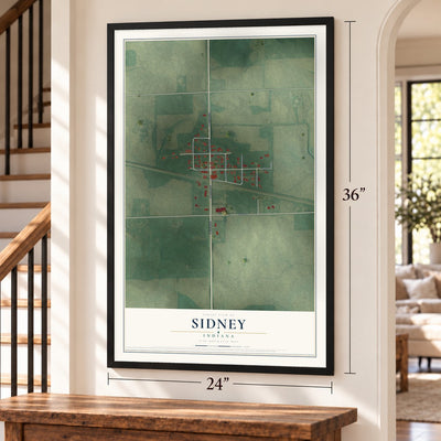 Sidney, Indiana map, 24 x 36 inch print in a black frame by a staircase