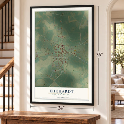 Ehrhardt, South Carolina map, 24 x 36 inch print in a black frame by a staircase