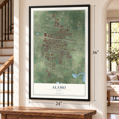 Alamo, Texas map, 24 x 36 inch print in a black frame by a staircase