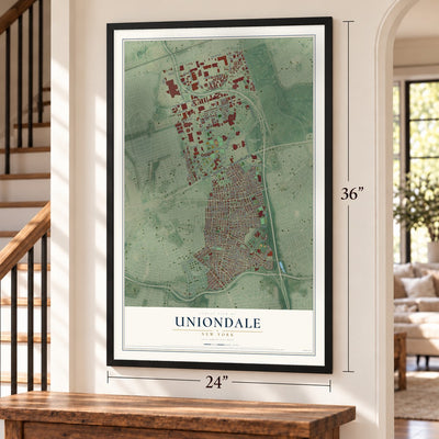 Uniondale, New York map, 24 x 36 inch print in a black frame by a staircase