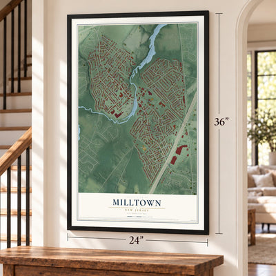 Milltown, New Jersey map, 24 x 36 inch print in a black frame by a staircase
