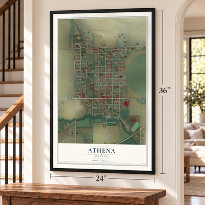 Athena, Oregon map, 24 x 36 inch print in a black frame by a staircase