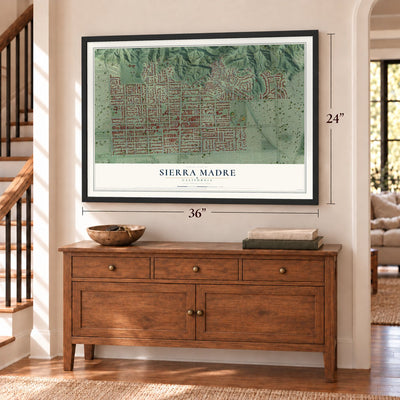 Sierra Madre, California map, 24 x 36 inch print in a black frame above a dresser by a staircase
