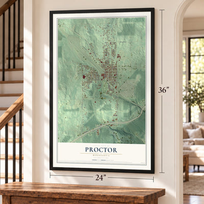 Proctor, Minnesota map, 24 x 36 inch print in a black frame by a staircase