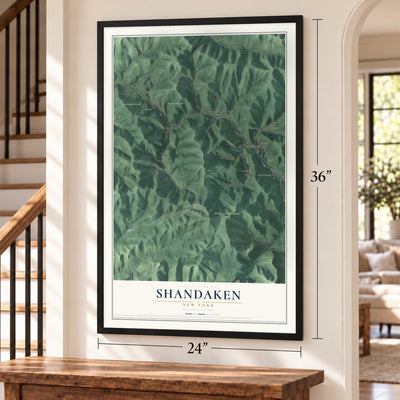 Shandaken, New York map, 24 x 36 inch print in a black frame by a staircase