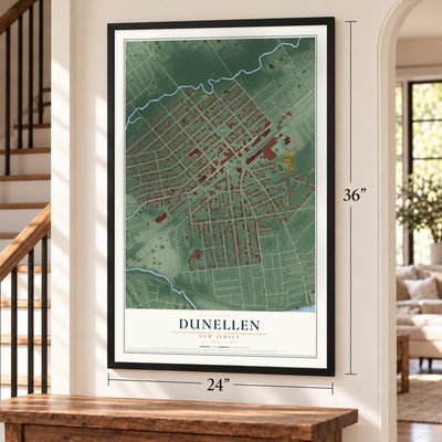 Dunellen, New Jersey map, 24 x 36 inch print in a black frame by a staircase