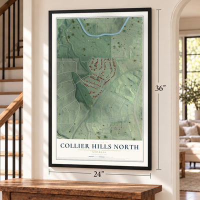 Collier Hills North, Georgia map, 24 x 36 inch print in a black frame by a staircase