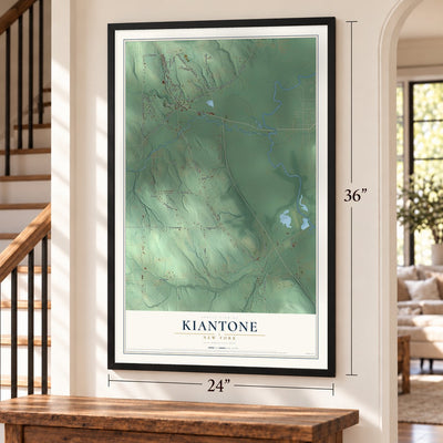 Kiantone, New York map, 24 x 36 inch print in a black frame by a staircase