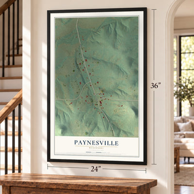 Paynesville, Missouri map, 24 x 36 inch print in a black frame by a staircase