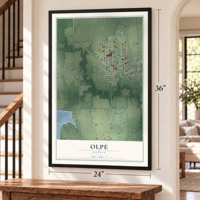 Olpe, Kansas map, 24 x 36 inch print in a black frame by a staircase
