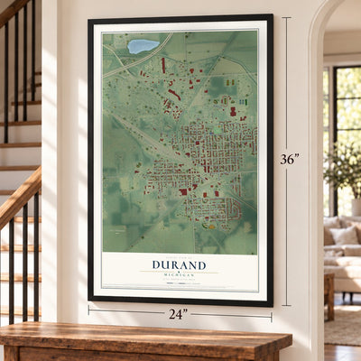Durand, Michigan map, 24 x 36 inch print in a black frame by a staircase