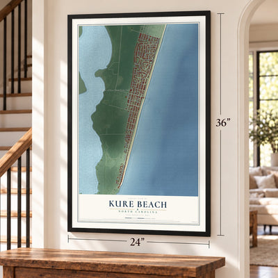 Kure Beach, North Carolina map, 24 x 36 inch print in a black frame by a staircase