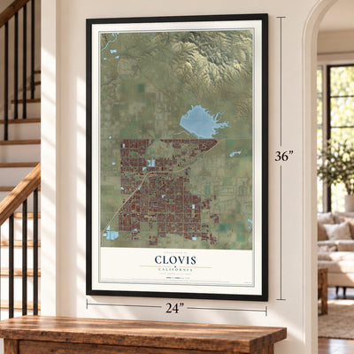 Clovis, California map, 24 x 36 inch print in a black frame by a staircase