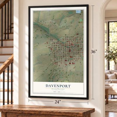Davenport, Washington map, 24 x 36 inch print in a black frame by a staircase