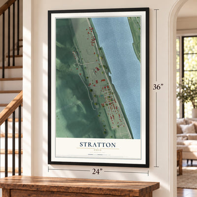 Stratton, Ohio map, 24 x 36 inch print in a black frame by a staircase