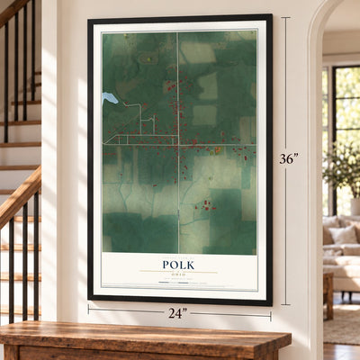 Polk, Ohio map, 24 x 36 inch print in a black frame by a staircase