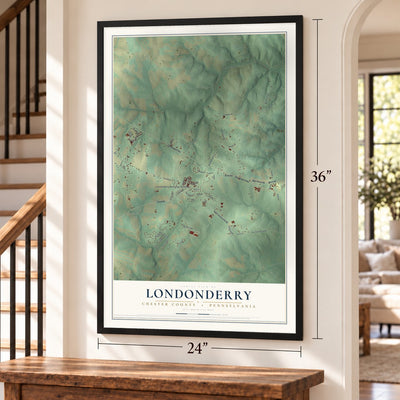 Londonderry, Chester County, Pennsylvania map, 24 x 36 inch print in a black frame by a staircase