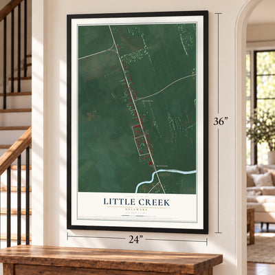 Little Creek, Delaware map, 24 x 36 inch print in a black frame by a staircase
