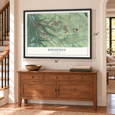 Ridgefield, Washington map, 24 x 36 inch print in a black frame above a dresser by a staircase