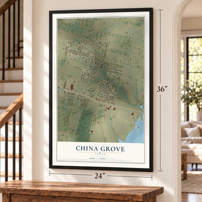 China Grove, Texas map, 24 x 36 inch print in a black frame by a staircase