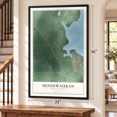 Minnewaukan, North Dakota map, 24 x 36 inch print in a black frame by a staircase