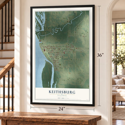 Keithsburg, Illinois map, 24 x 36 inch print in a black frame by a staircase