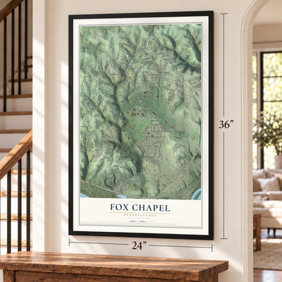 Fox Chapel, Pennsylvania map, 24 x 36 inch print in a black frame by a staircase