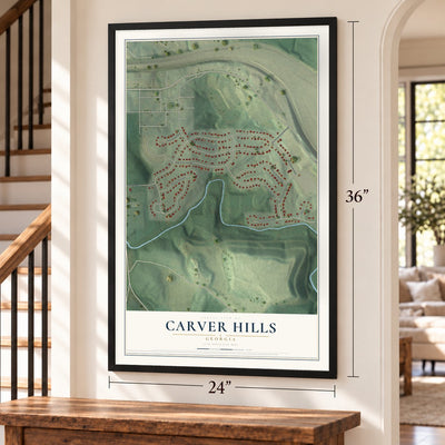 Carver Hills, Georgia map, 24 x 36 inch print in a black frame by a staircase