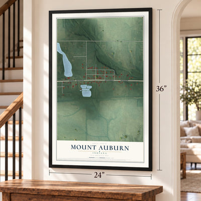 Mount Auburn, Indiana map, 24 x 36 inch print in a black frame by a staircase
