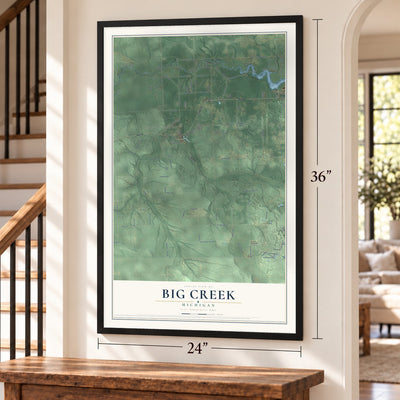Big Creek, Michigan map, 24 x 36 inch print in a black frame by a staircase