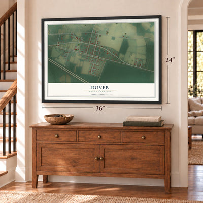 Dover, North Carolina map, 24 x 36 inch print in a black frame above a dresser by a staircase