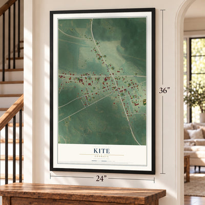 Kite, Georgia map, 24 x 36 inch print in a black frame by a staircase