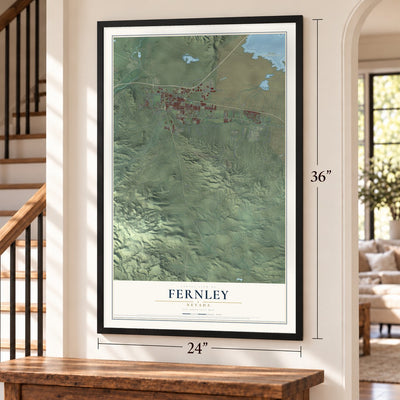 Fernley, Nevada map, 24 x 36 inch print in a black frame by a staircase