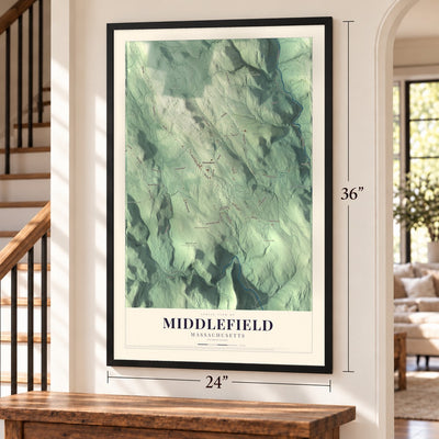 Middlefield, Massachusetts map, 24 x 36 inch print in a black frame by a staircase