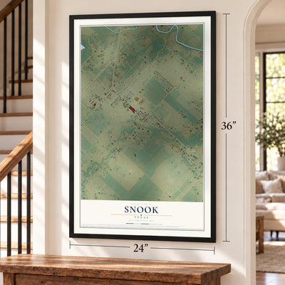 Snook, Texas map, 24 x 36 inch print in a black frame by a staircase