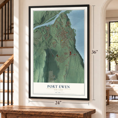 Port Ewen, New York map, 24 x 36 inch print in a black frame by a staircase