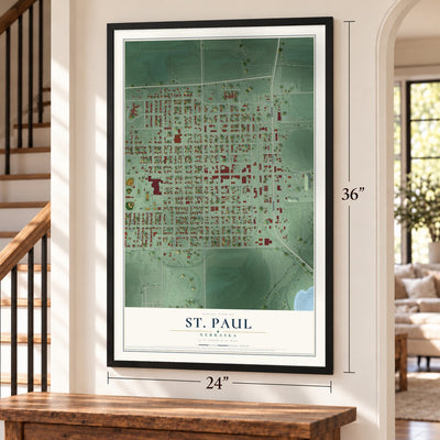 St. Paul, Nebraska map, 24 x 36 inch print in a black frame by a staircase