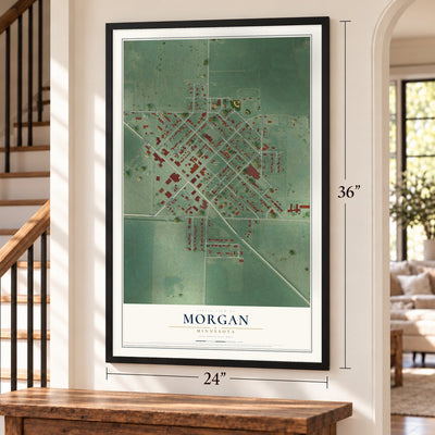 Morgan, Minnesota map, 24 x 36 inch print in a black frame by a staircase