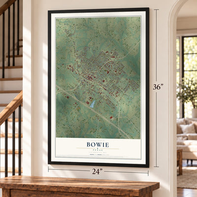 Bowie, Texas map, 24 x 36 inch print in a black frame by a staircase