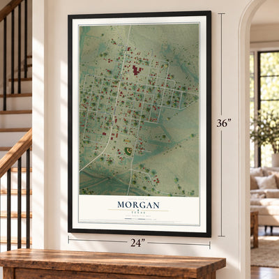 Morgan, Texas map, 24 x 36 inch print in a black frame by a staircase